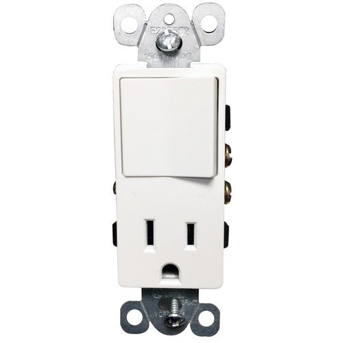 DECORA WALL STACK COMBO SINGLE POLE ROCKER SP SWITCH AND RECEPTACLE 120V 15 AMP PLUG OUTLET WHITE